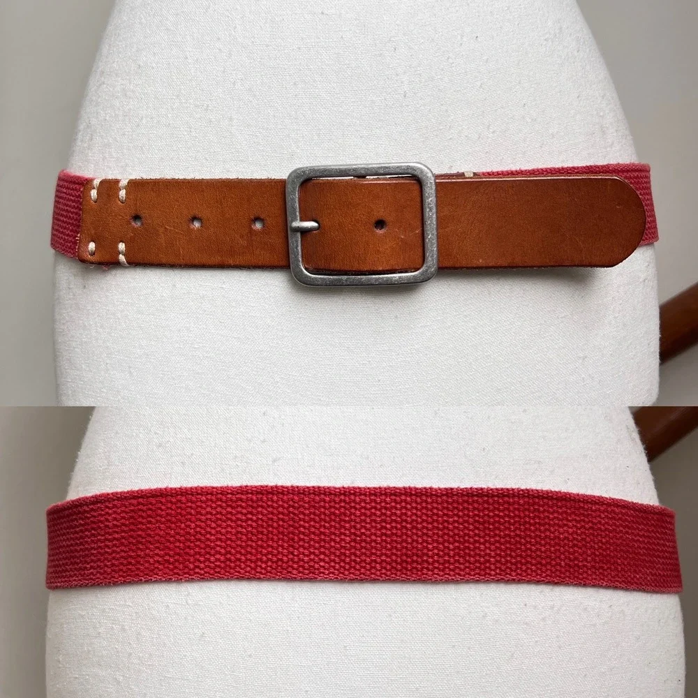Vintage Red Canvas Brown Leather Belt Silver Buckle Preppy Statement